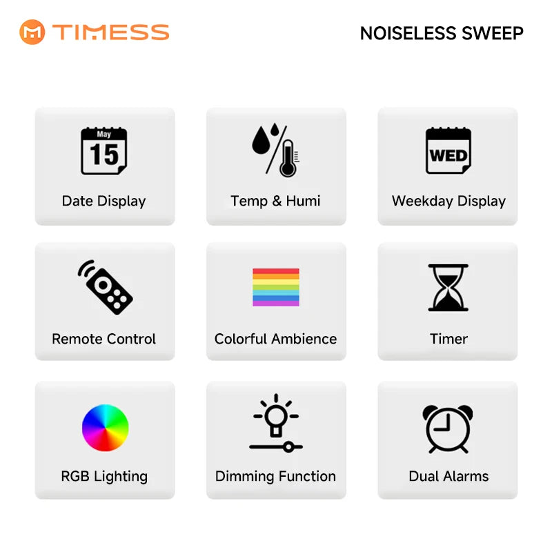 TIMESS RGB LED Digital Wall Clock With Remote Date Temp Humidity