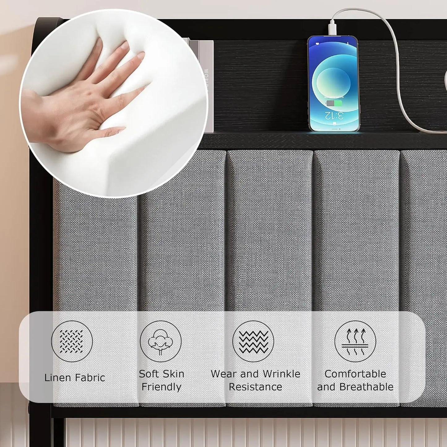 Bed Frame With Storage Headboard Charging Station Heavy Duty Slats