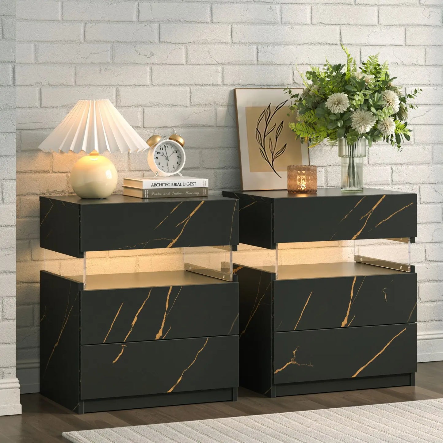 Cubehom Bedside Table Set With LED Lighting And 3 Drawers
