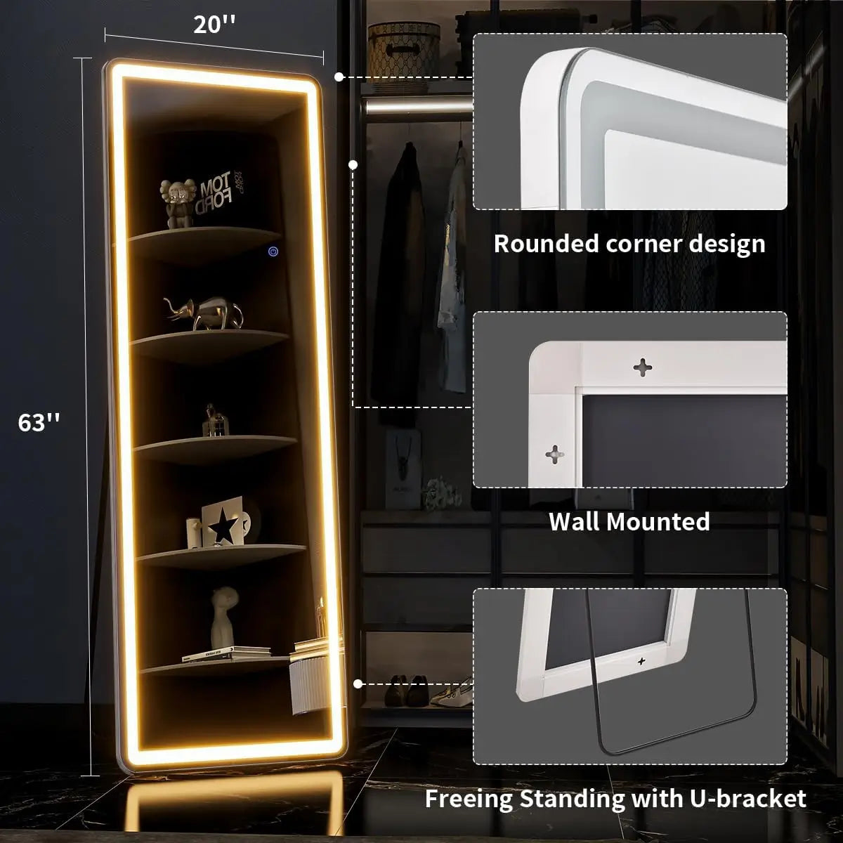 Koonmi LED Floor Mirror With Lights Dimmable Stand