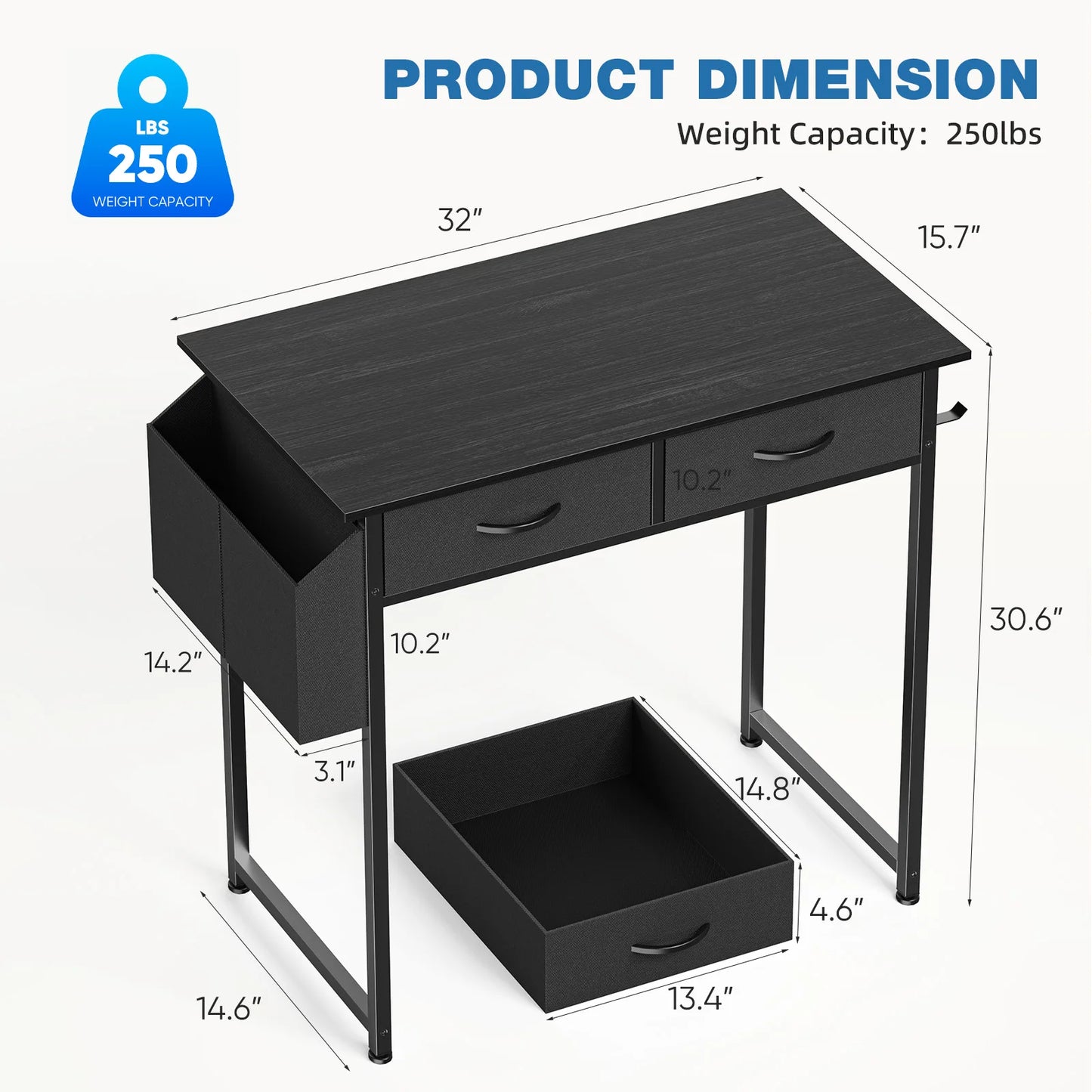 JHK Modern Office Desk With Fabric Storage Drawers