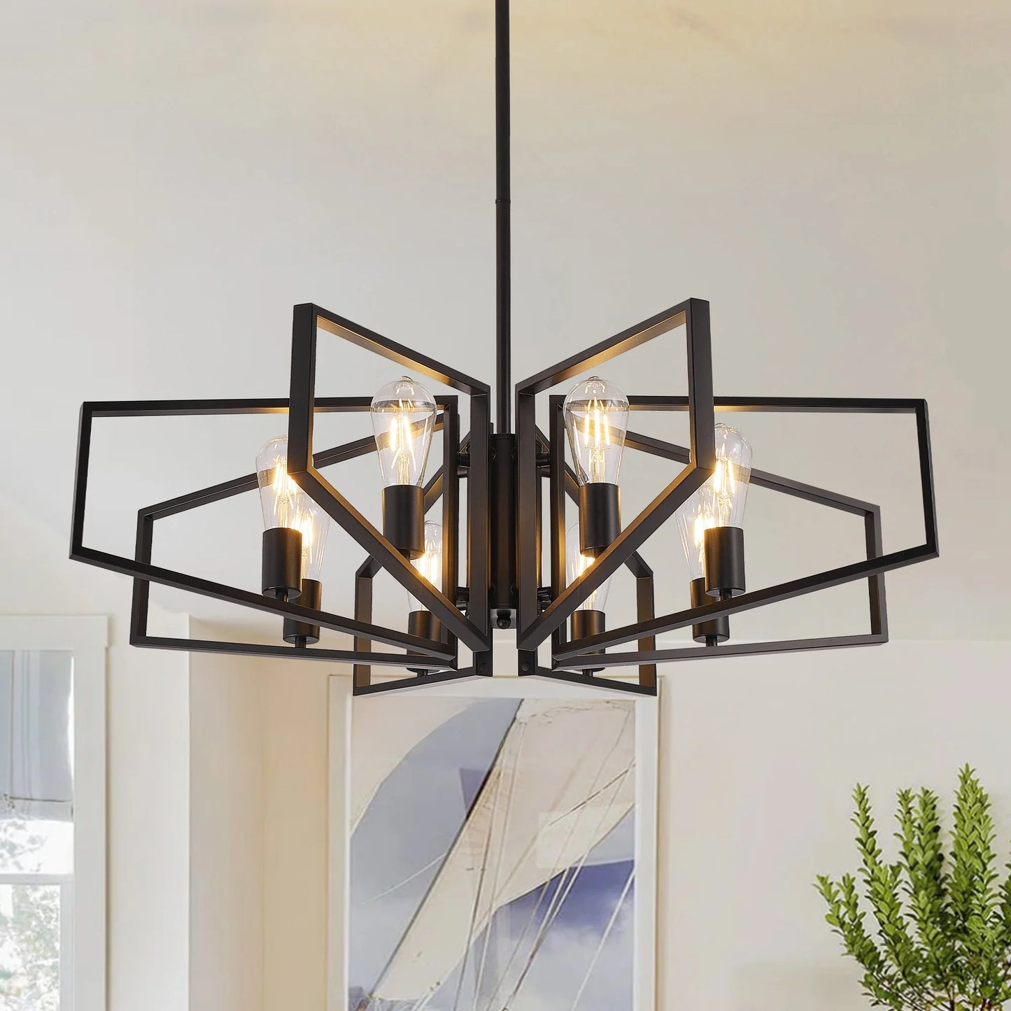 Geometric Eight Light Chandelier With Adjustable Height Metal Pendant