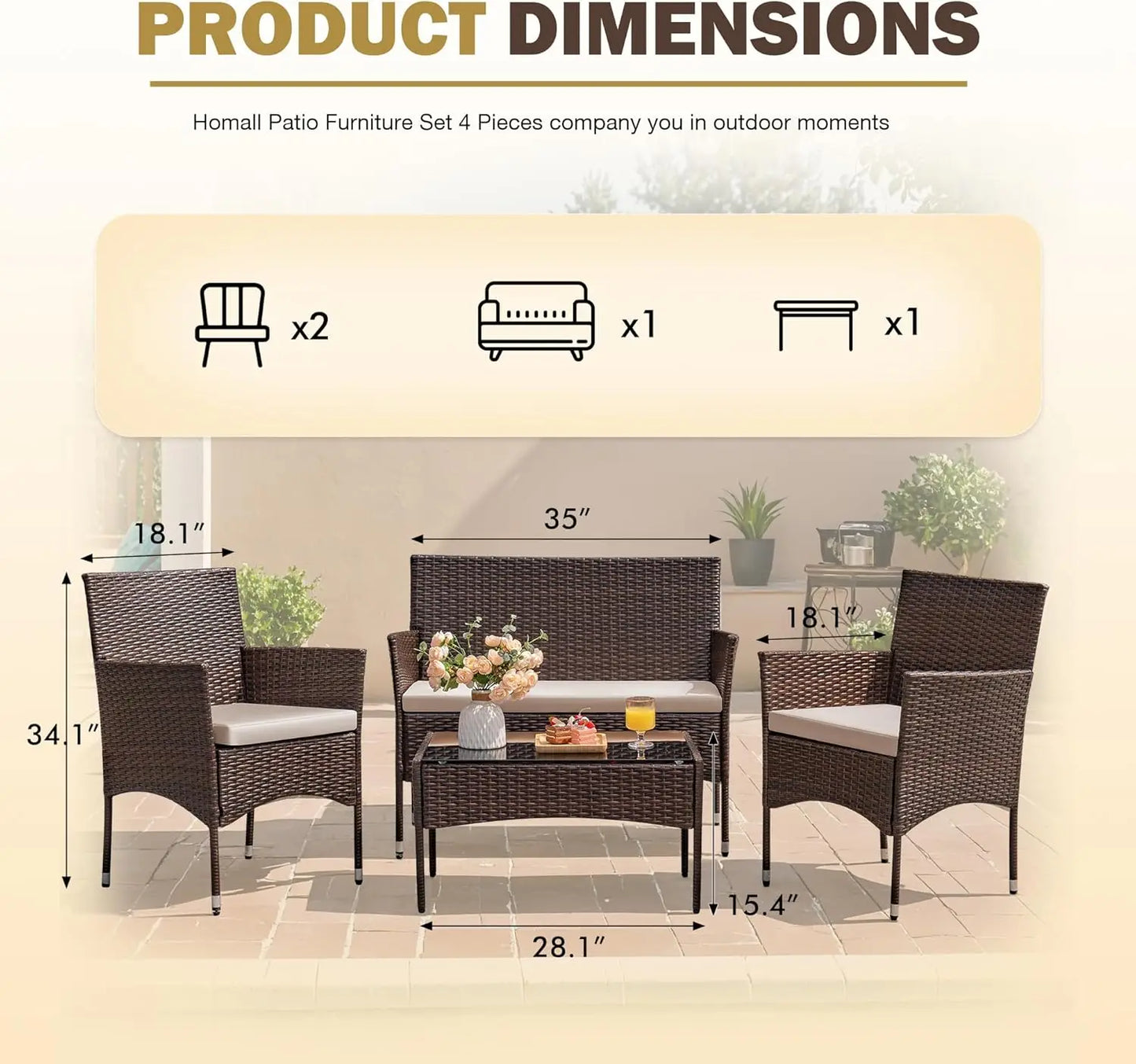 Outdoor 4 Piece Rattan Wicker Patio Set For Garden Porch