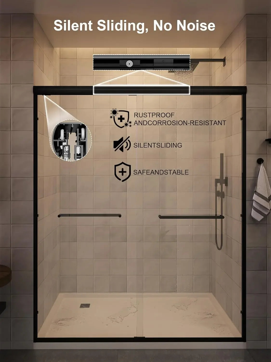 Glass Shower Door Sliding Aluminum Semi Frameless Explosion Proof Coating