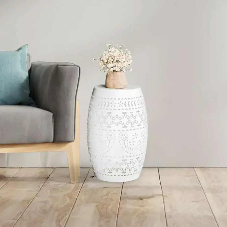 Steel Patio End Table Round Drum Side Table Indoor Outdoor