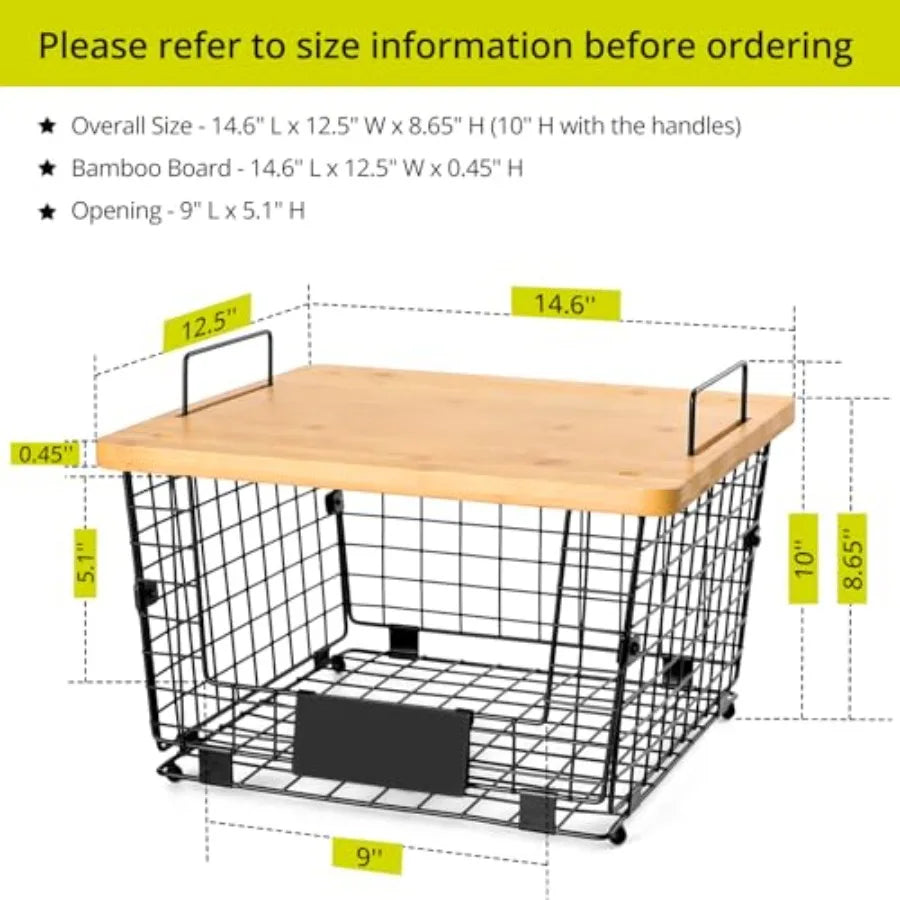 Stackable Wire Basket Set With Bamboo Tops For Pantry Organization