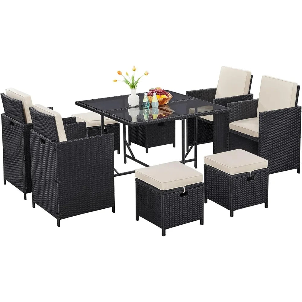 9-Piece Outdoor Patio Dining Set With Rattan Glass Table