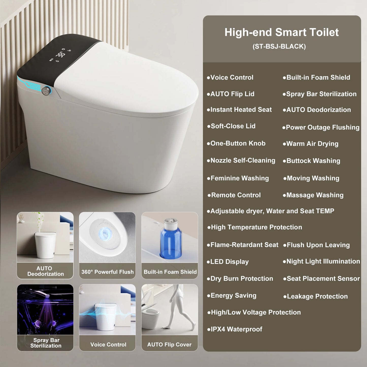 Smart Toilet With Bidet And Foam Dispenser Voice Control