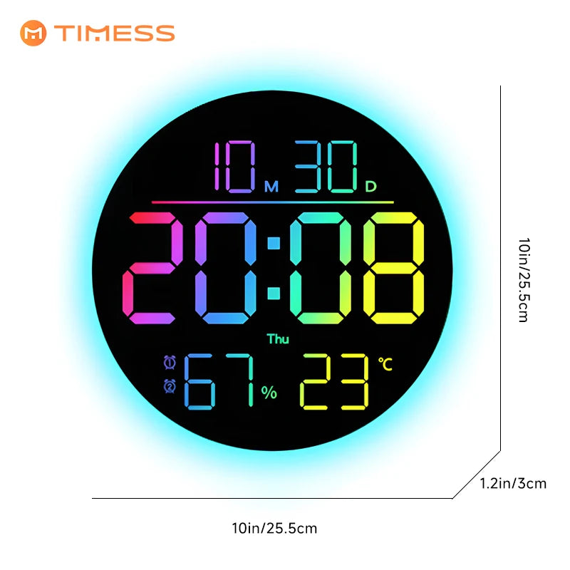 TIMESS RGB LED Digital Wall Clock With Remote Date Temp Humidity