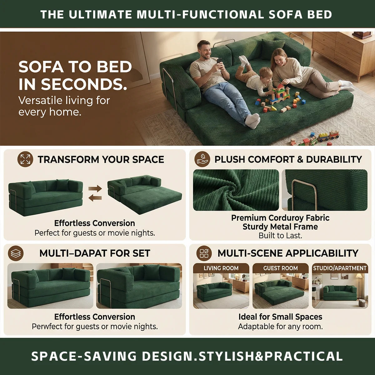 YQzyphyna Futon Sofa Bed 4 In 1 Convertible Couch For Living Room