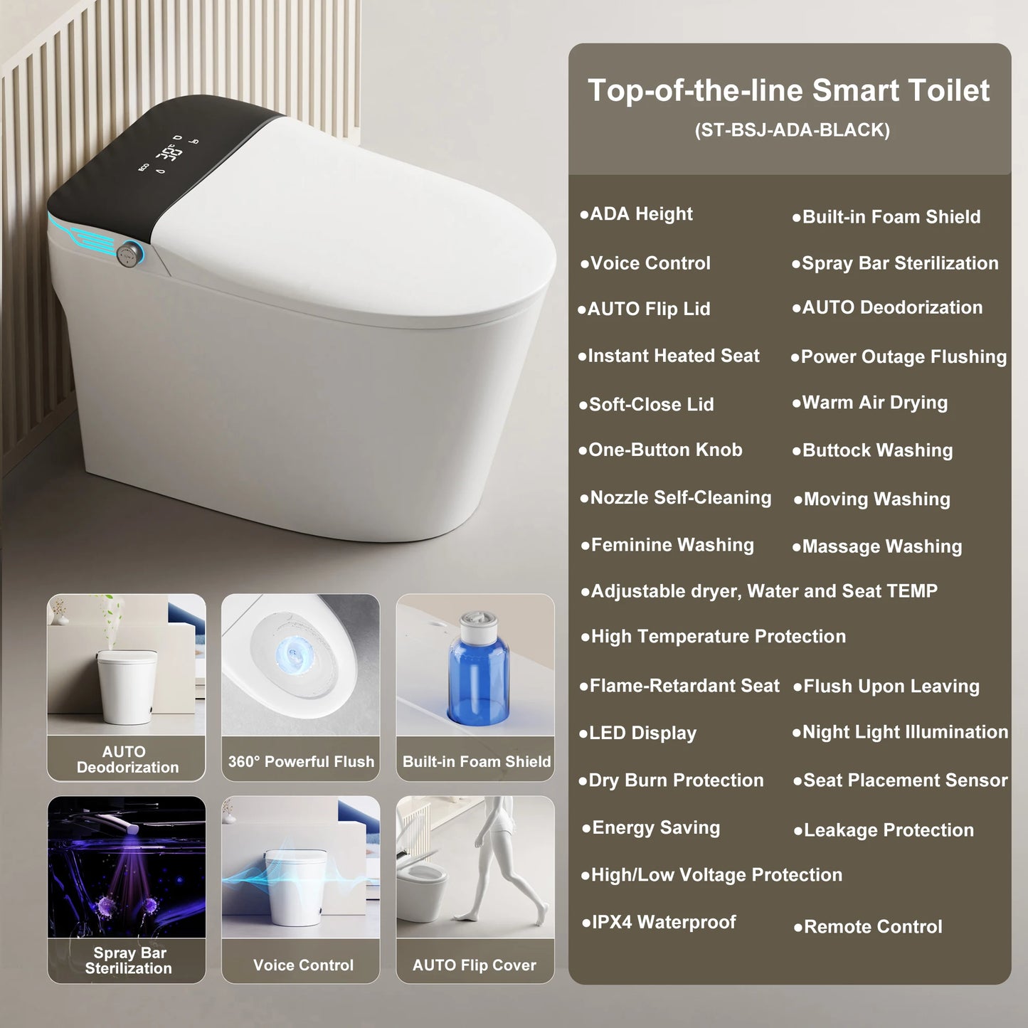 Smart Toilet With Bidet And Foam Dispenser Voice Control