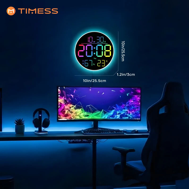 TIMESS RGB LED Digital Wall Clock With Remote Date Temp Humidity