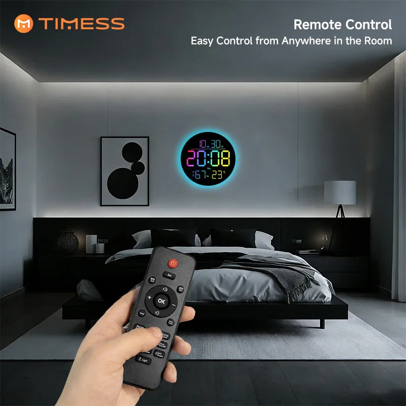 TIMESS RGB LED Digital Wall Clock With Remote Date Temp Humidity