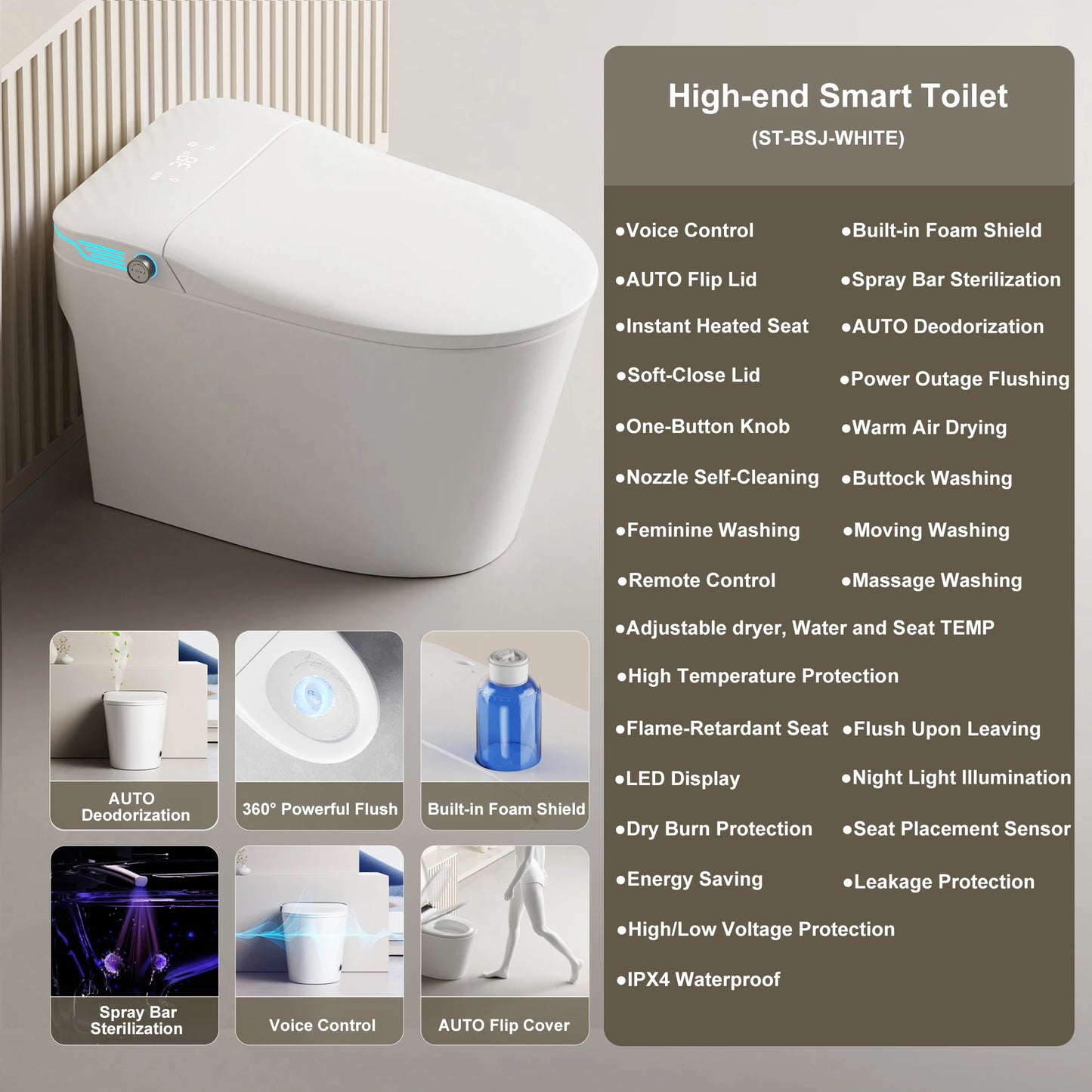 Smart Toilet With Bidet And Foam Dispenser Voice Control