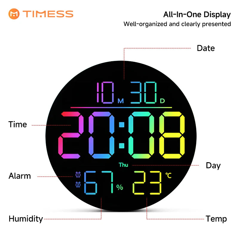 TIMESS RGB LED Digital Wall Clock With Remote Date Temp Humidity