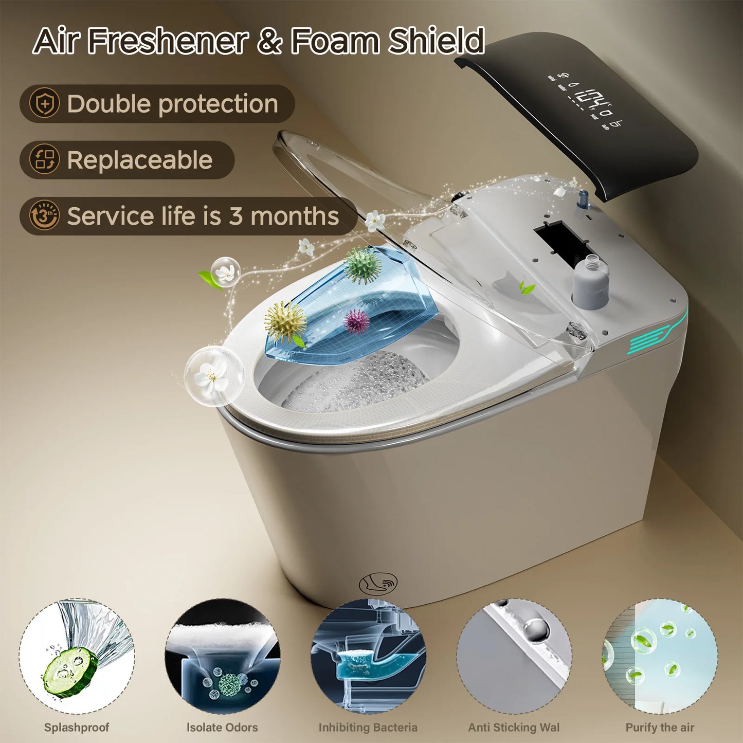 Smart Toilet With Bidet And Foam Dispenser Voice Control
