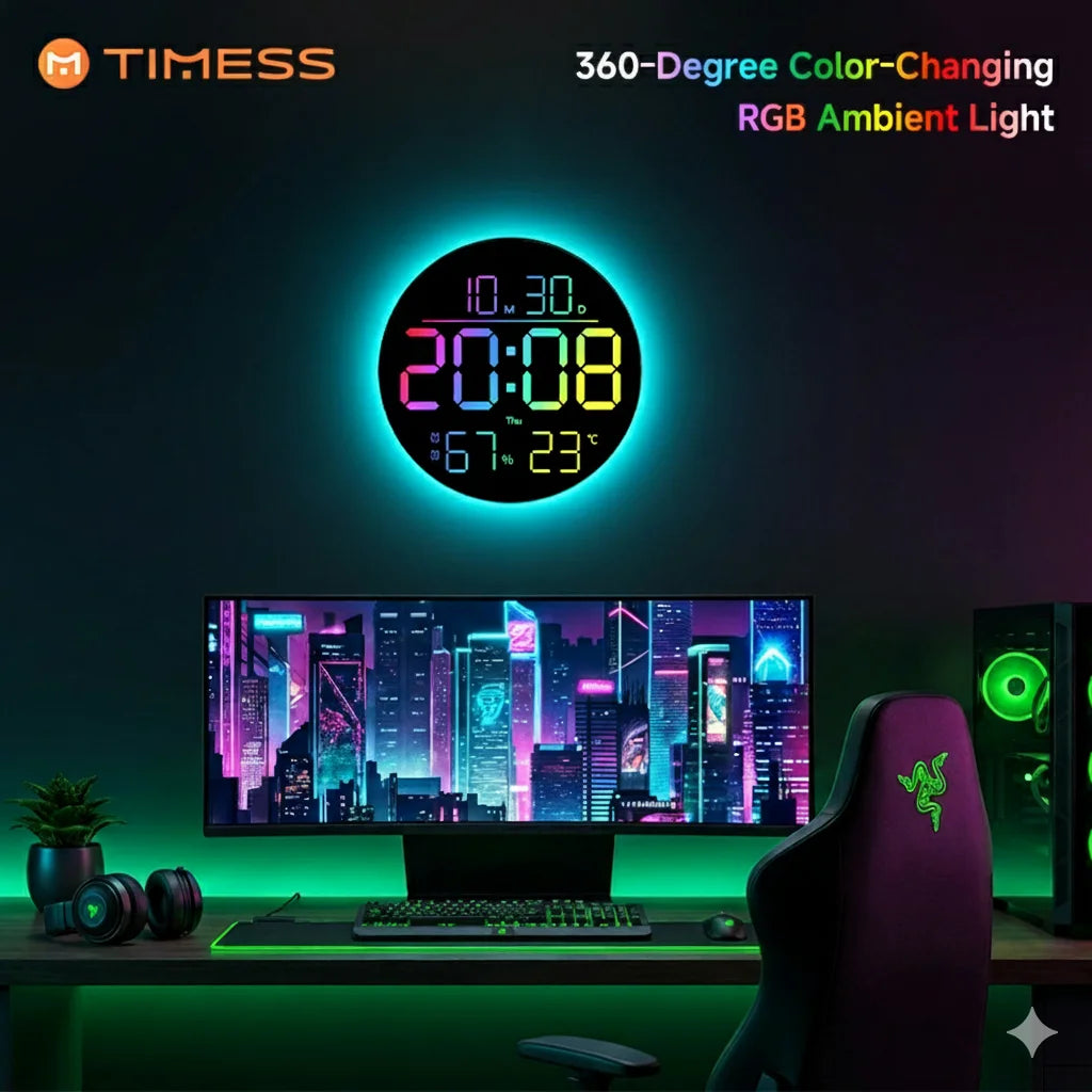 TIMESS RGB LED Digital Wall Clock With Remote Date Temp Humidity