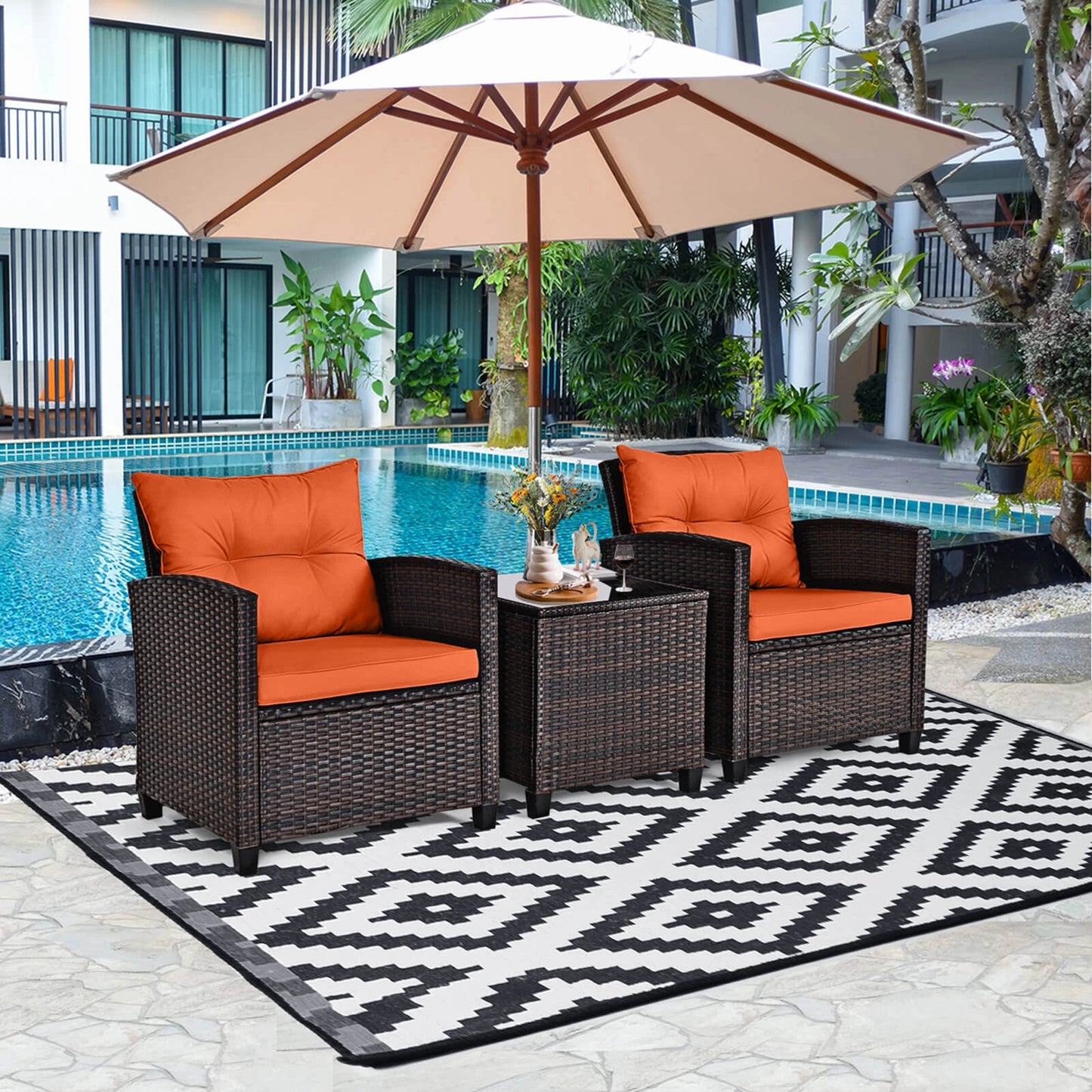 HOMASIS 3 Piece Patio Rattan Furniture Set Cushioned Conversation Sofa
