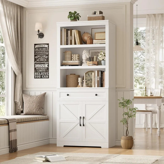 Farmhouse Wood Bookcase With Drawers And Doors Open Shelves