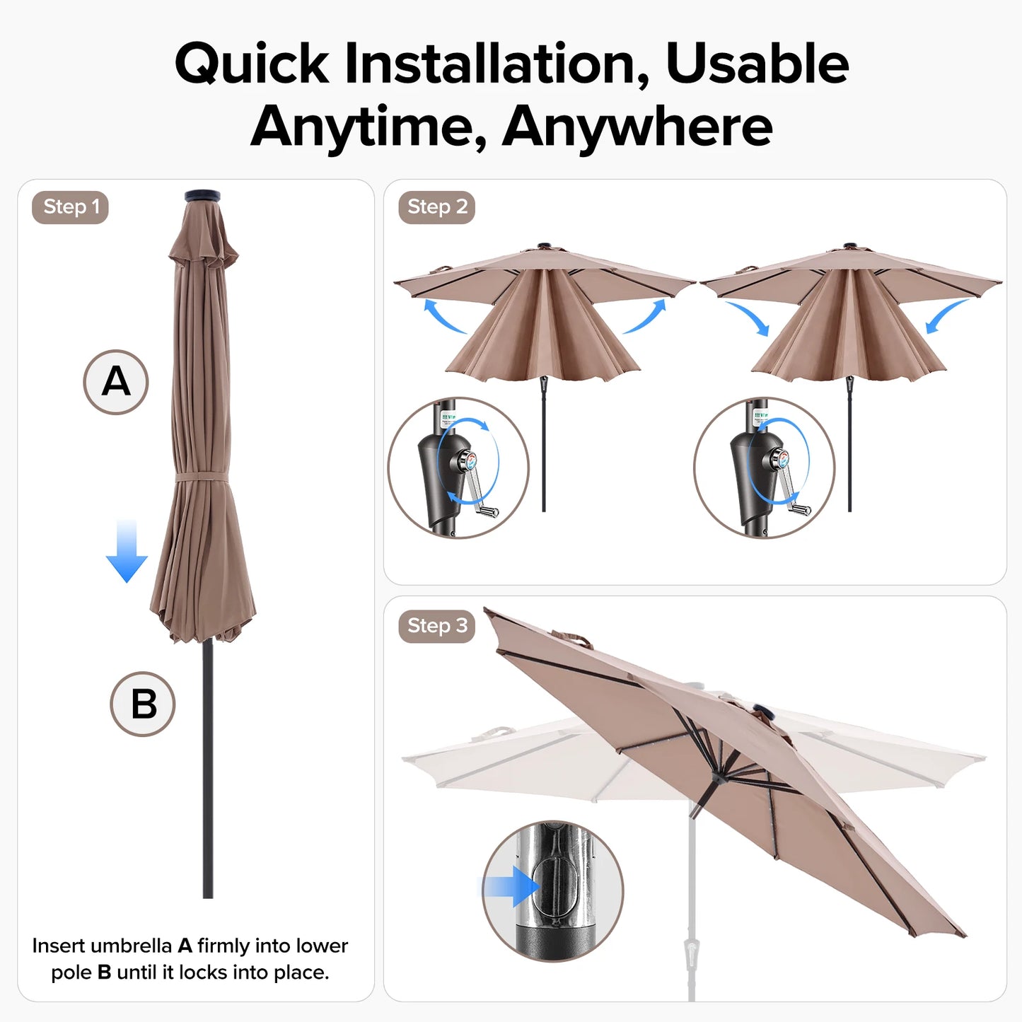 JHK Solar Patio Umbrella With 32 LED Lights Tilt Crank UV Resistant