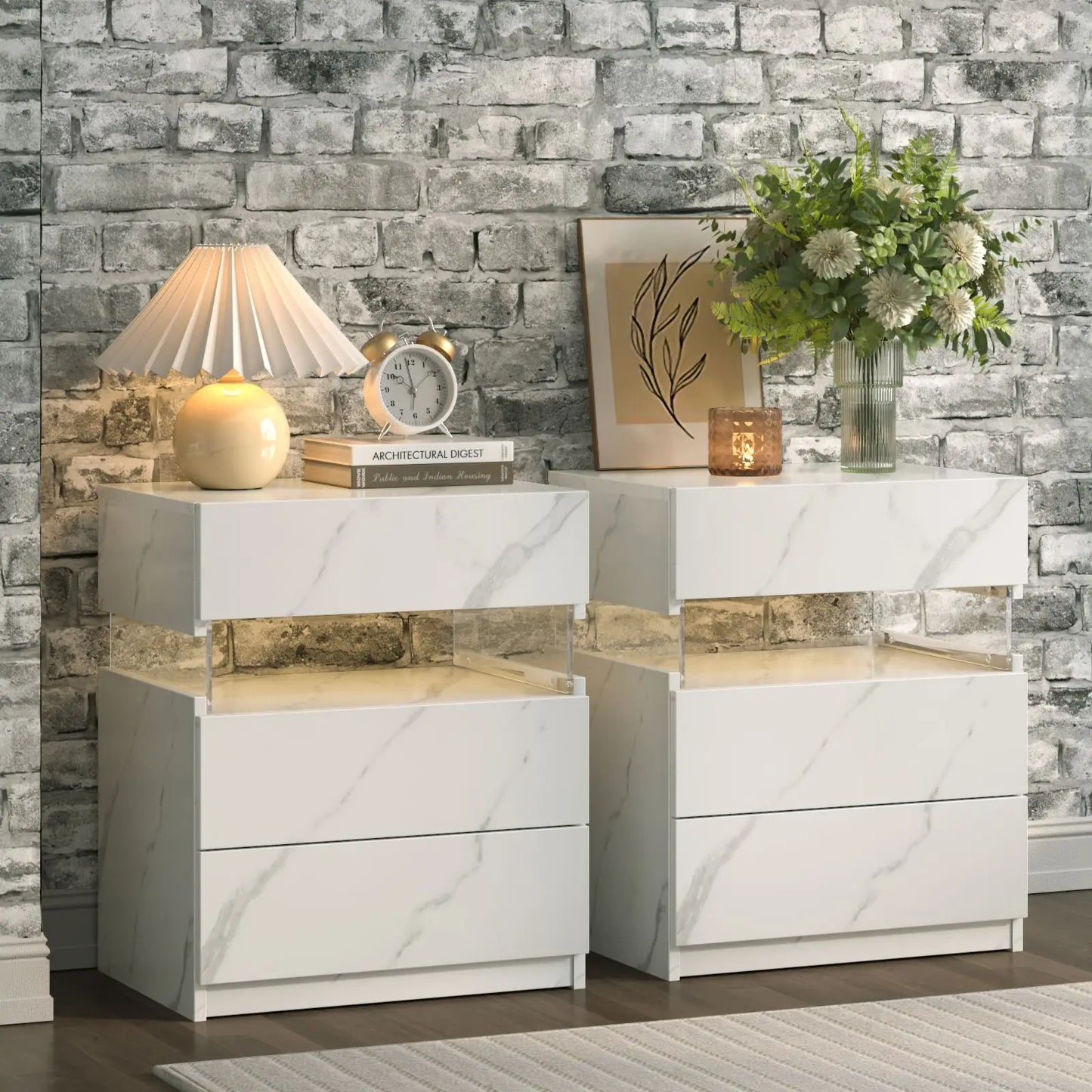 Cubehom Bedside Table Set With LED Lighting And 3 Drawers