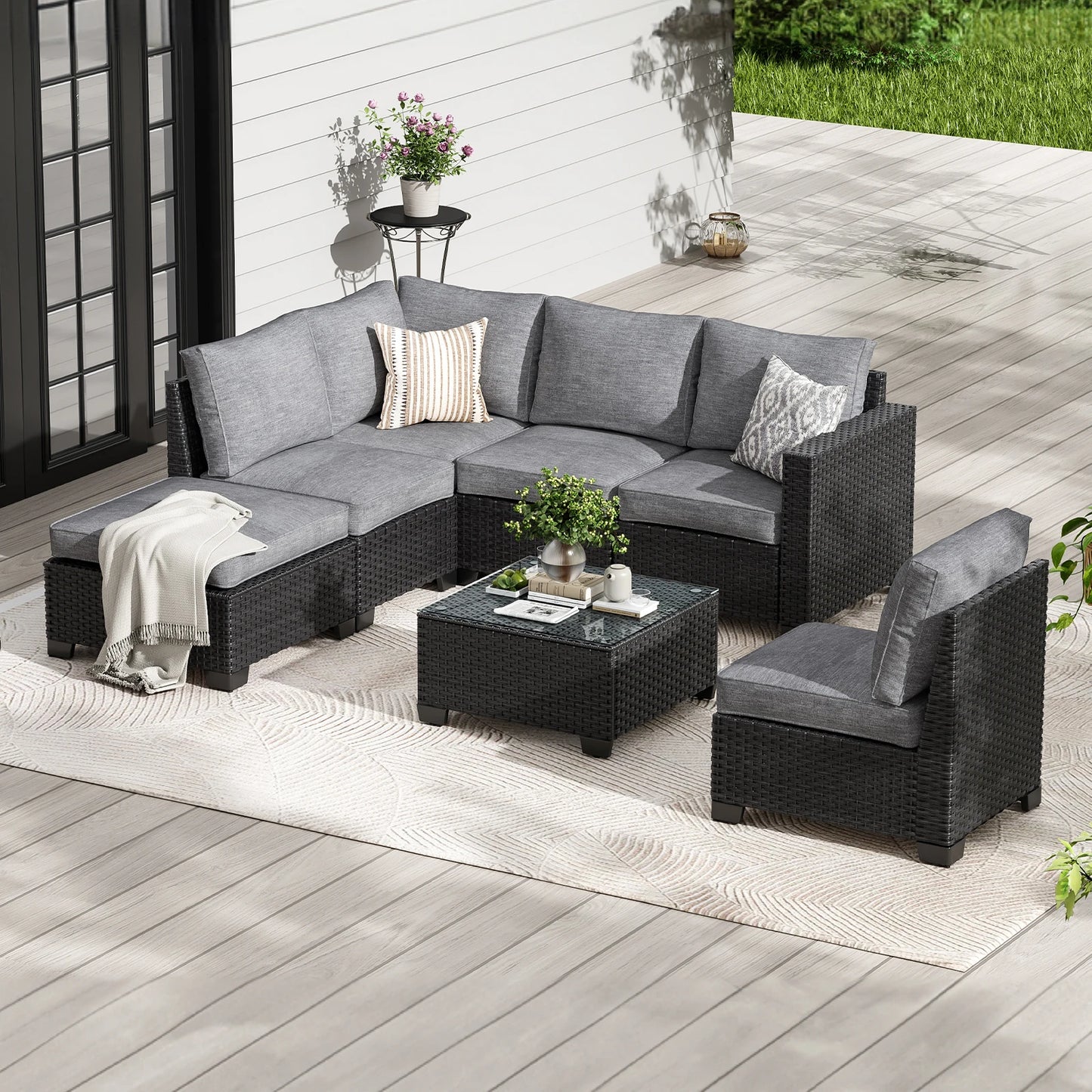 Patio Sectional Sofa Set With Ottoman Outdoor Stain Resistant Fabric