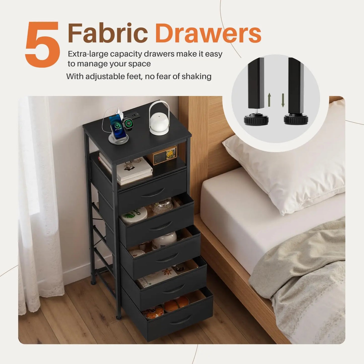 JHK 5 Drawer Dresser Nightstand With Charging Station