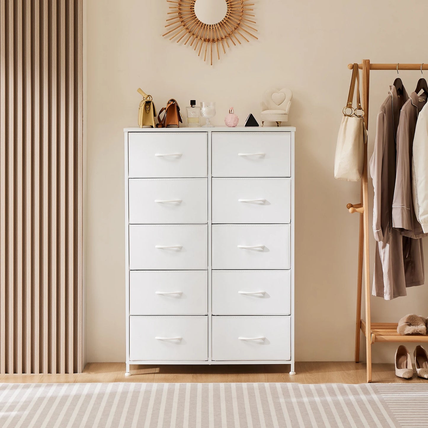 JHK Bedside Table With Fabric Drawers Wardrobe And Steel Frame