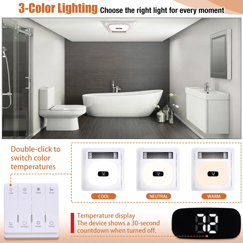 4 In 1 Smart Bathroom Fan Heat Vent Bluetooth Speaker