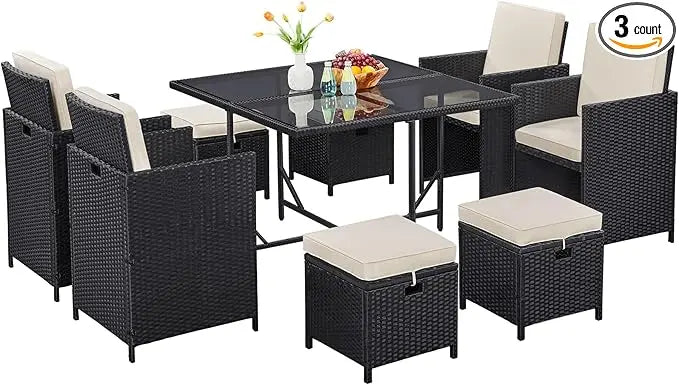 9-Piece Outdoor Patio Dining Set With Rattan Glass Table