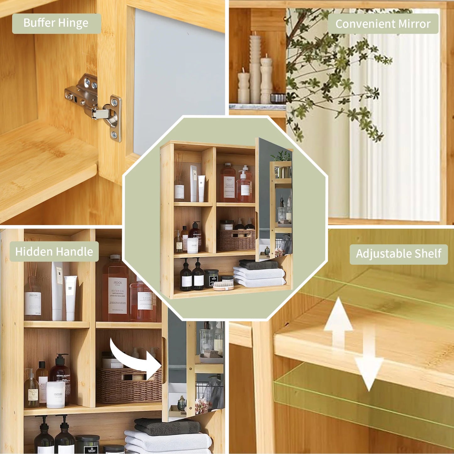 Natural Bamboo Wall Mounted Medicine Cabinet With Five Tier Shelves