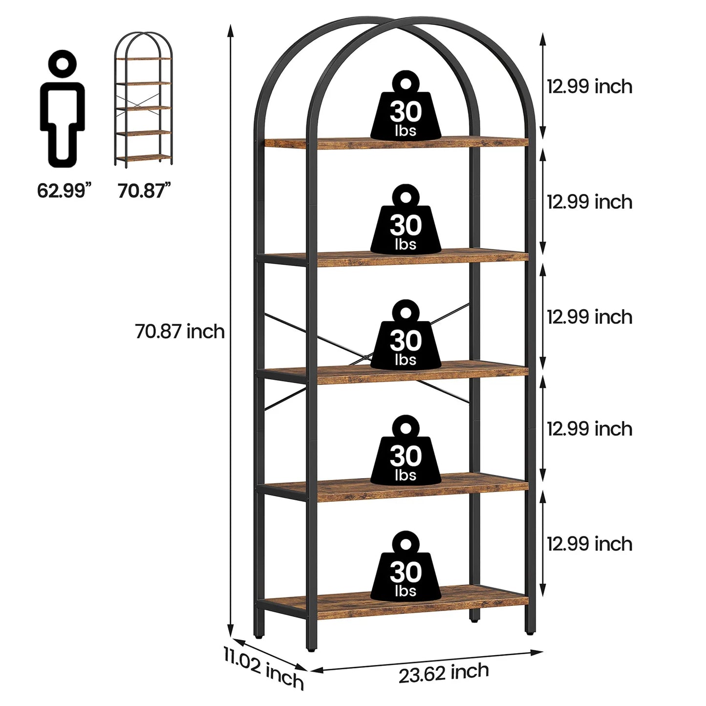 TWISTER.CK 5 Tier Arched Bookshelf Industrial Open Bookcase