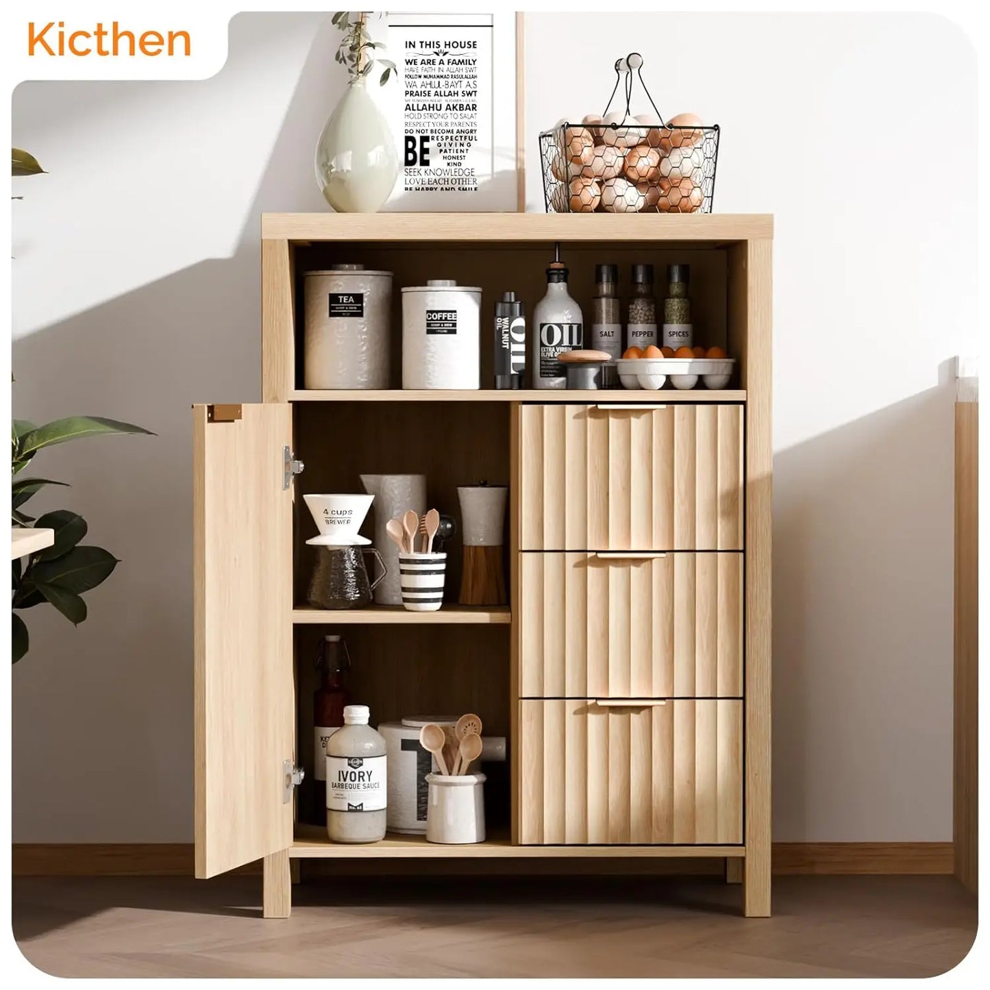 Fluted Bathroom Floor Storage Cabinet With Fluted Doors And Drawers