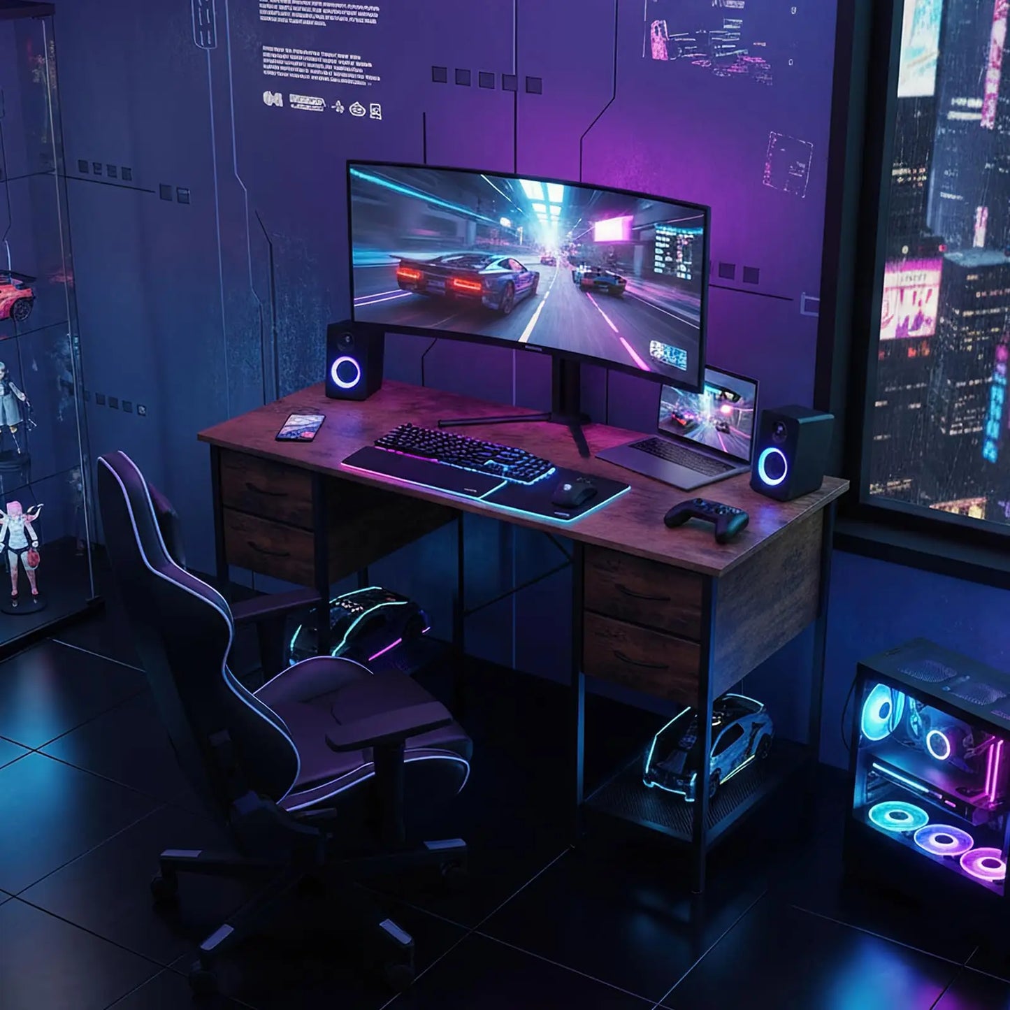JHK Computer Desk With 4 Drawers And Mesh Shelf Home