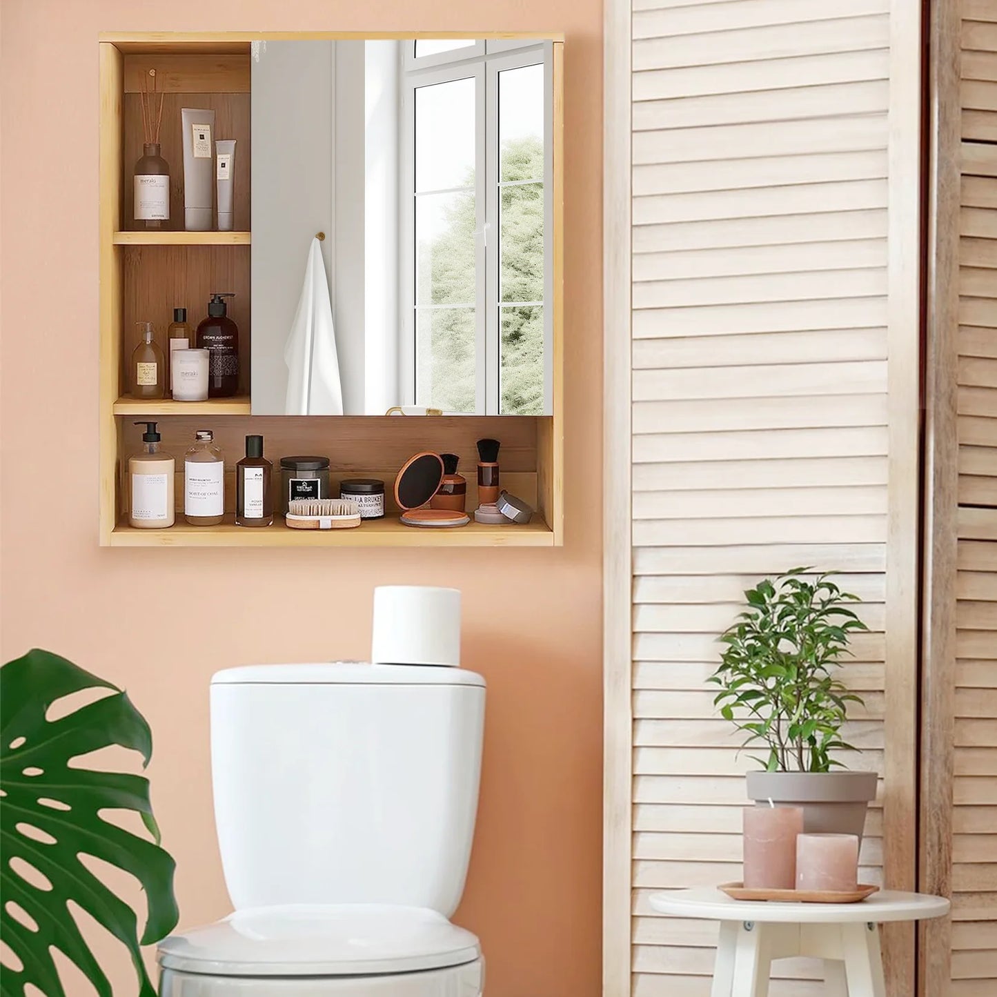 Natural Bamboo Wall Mounted Medicine Cabinet With Five Tier Shelves