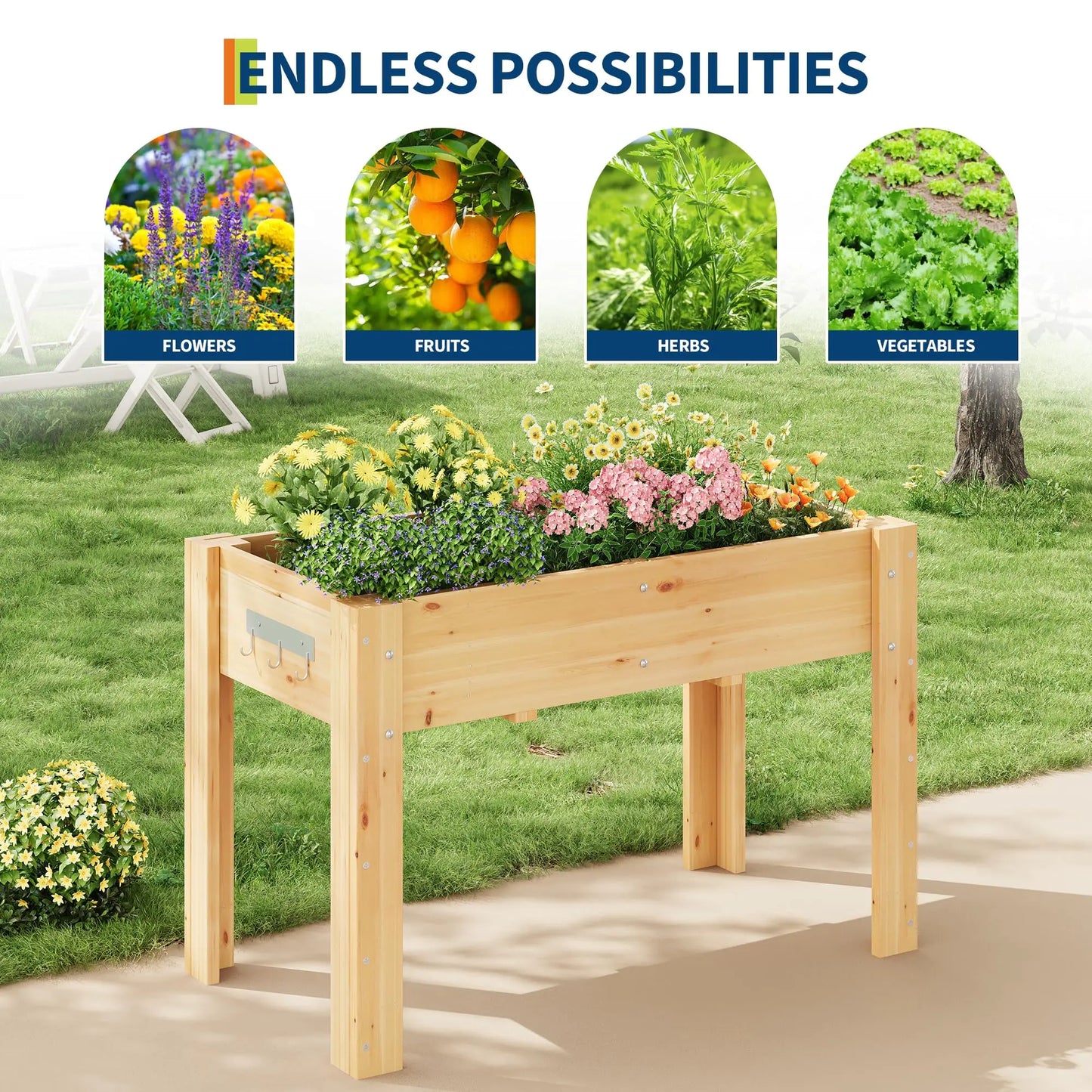 Durable Elevated Wooden Garden Bed Planter Box With Legs Hooks