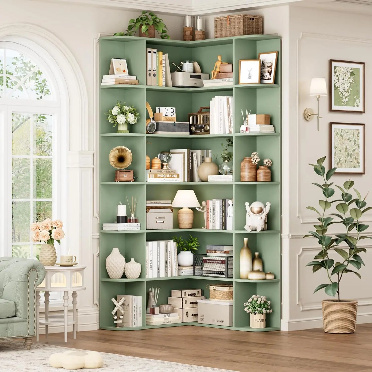 L Shaped Corner Bookshelf Six Tier Wood Bookcase Home Office