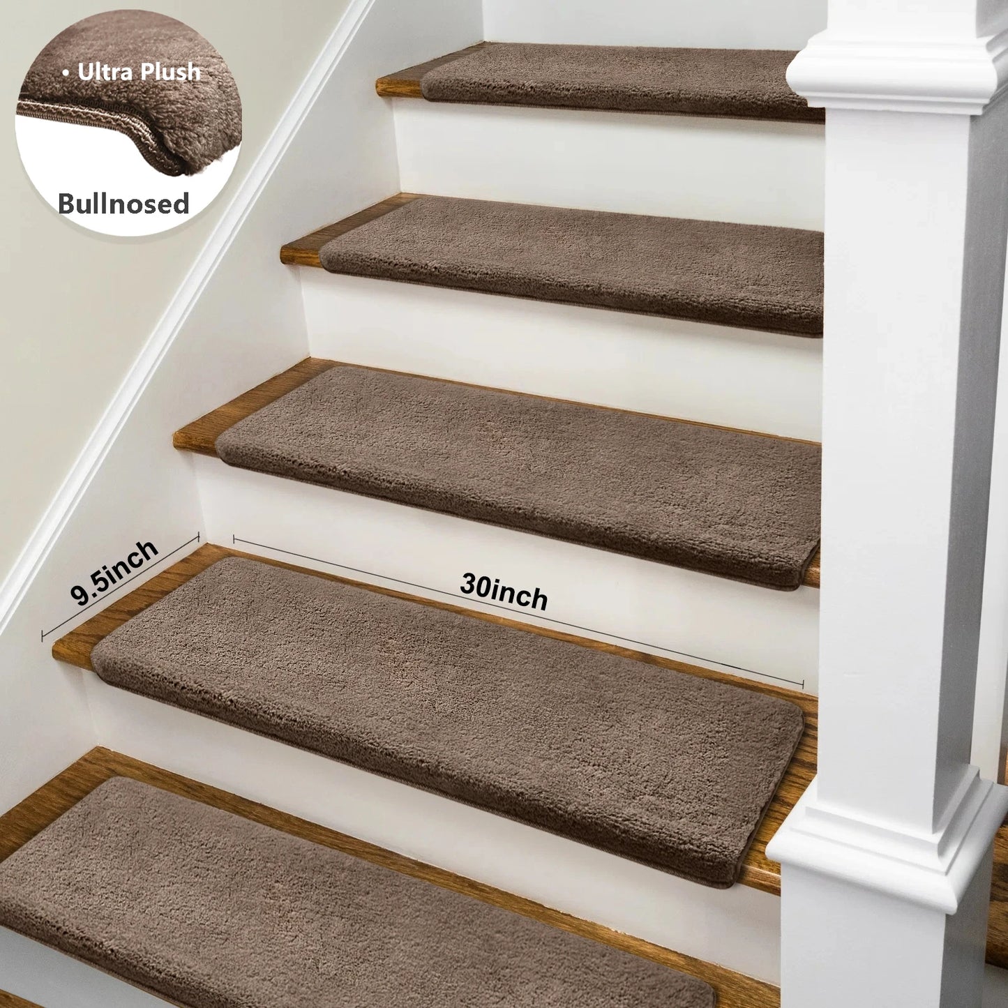 Non-Slip Bullnose Stair Treads Washable Self-Adhesive Plush Carpet Mats