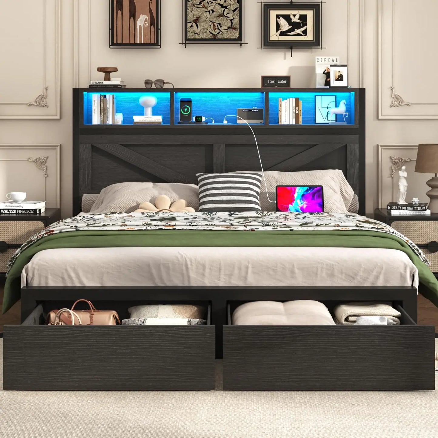 Chengwei Farmhouse Full Bed Frame With Bookcase Storage Headboard