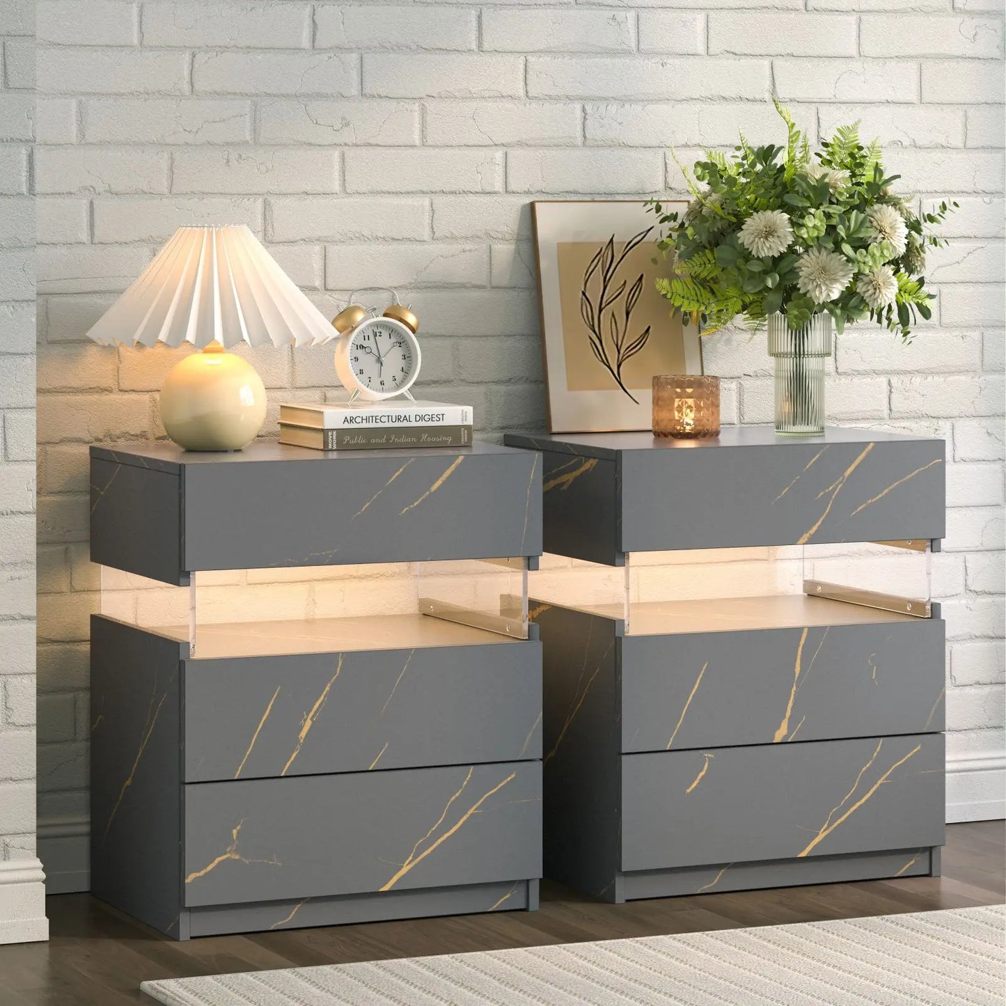 Cubehom Bedside Table Set With LED Lighting And 3 Drawers