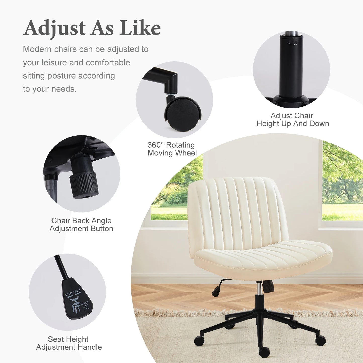 JHK Armless PU Leather Office Chair With Wheels Height Adjustable