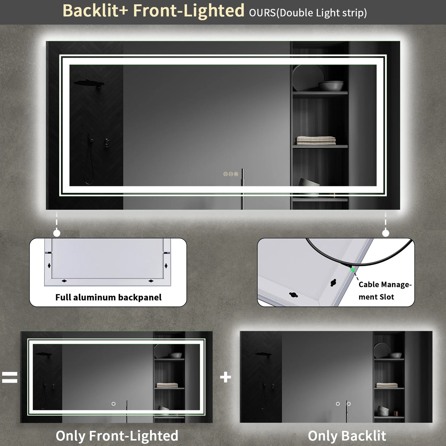 Wisfor LED Backlit Bathroom Mirror With Memory Anti Fog Front And Back Lighting