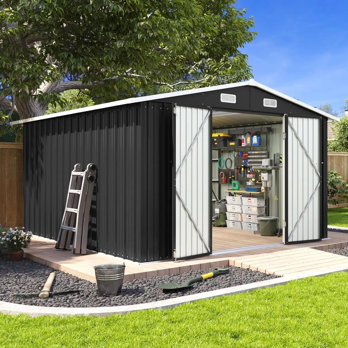 Outdoor Metal Storage Shed With Lockable Double Hinged Doors