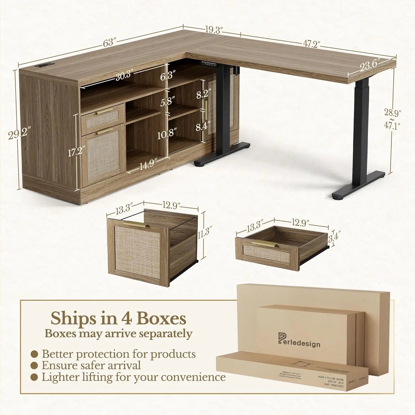 Electric Height Adjustable Standing Desk With Bookshelf And File Storage
