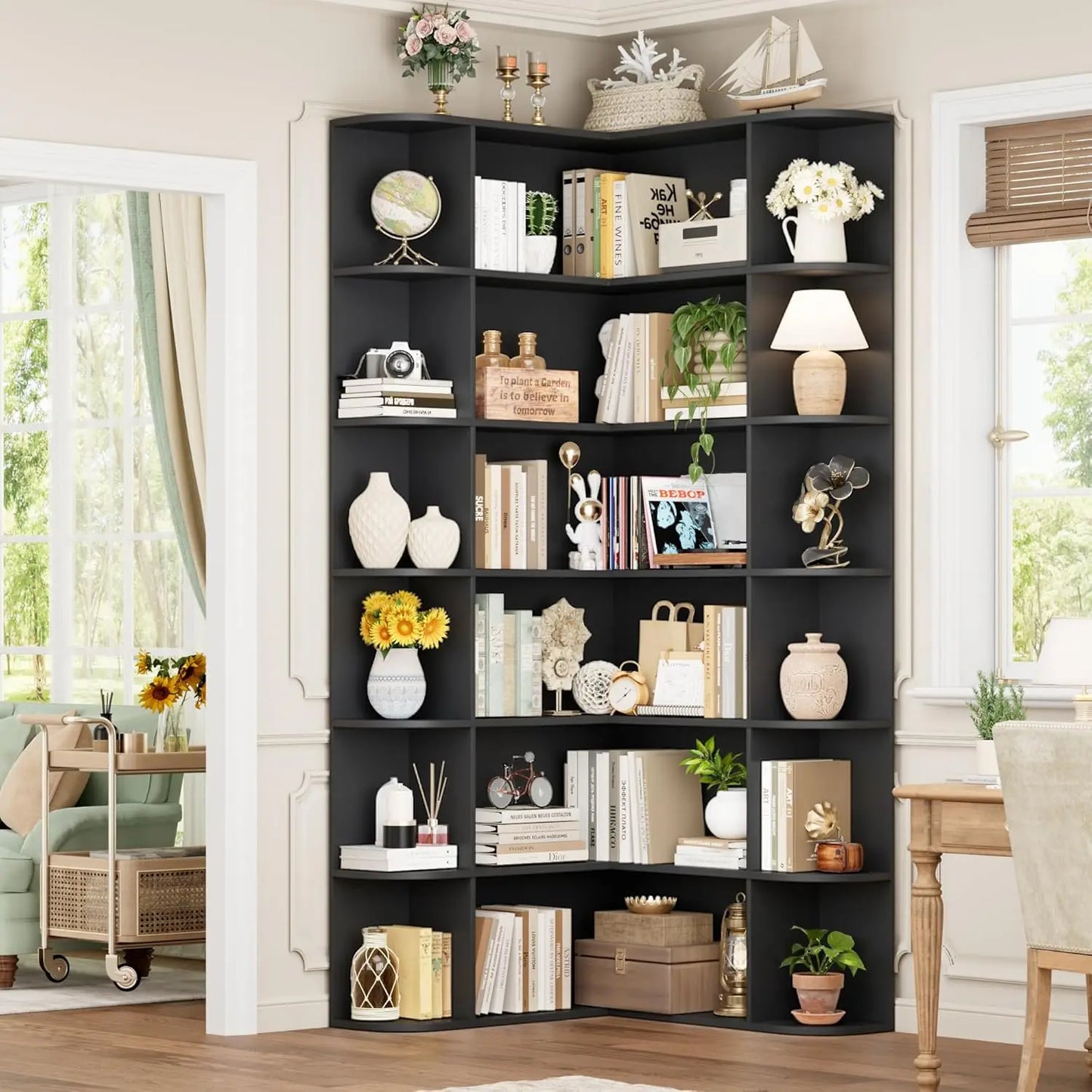 L Shaped Corner Bookshelf Six Tier Wood Bookcase Home Office