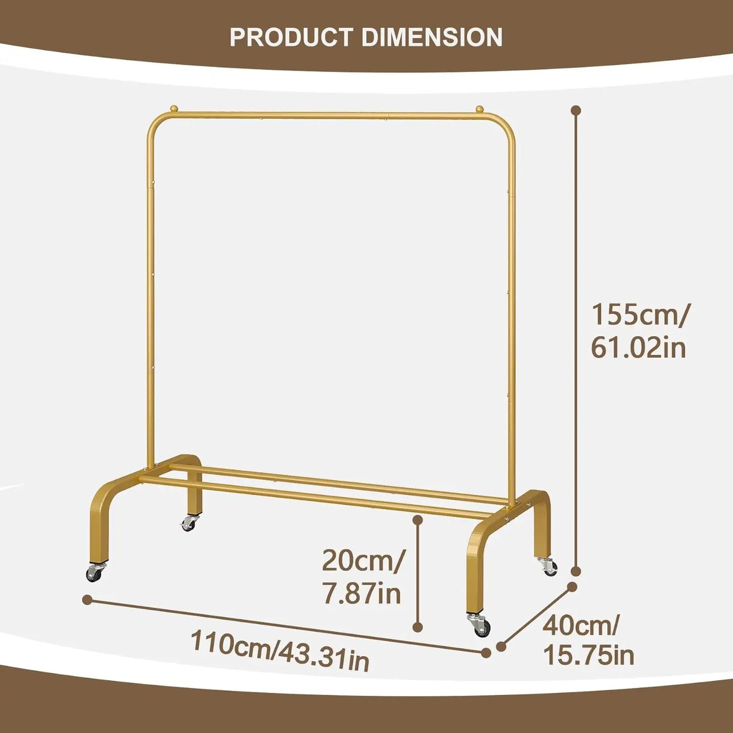 XMSJ Gold Metal Clothing Rack With Wheels And Bottom Shelf