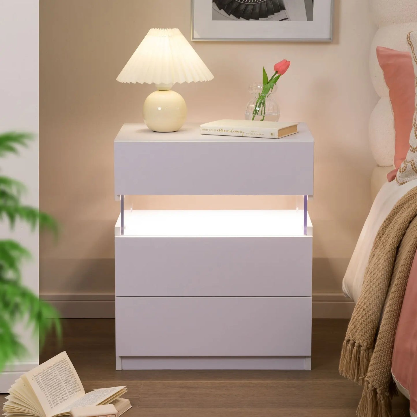 Cubehom Bedside Table Set With LED Lighting And 3 Drawers