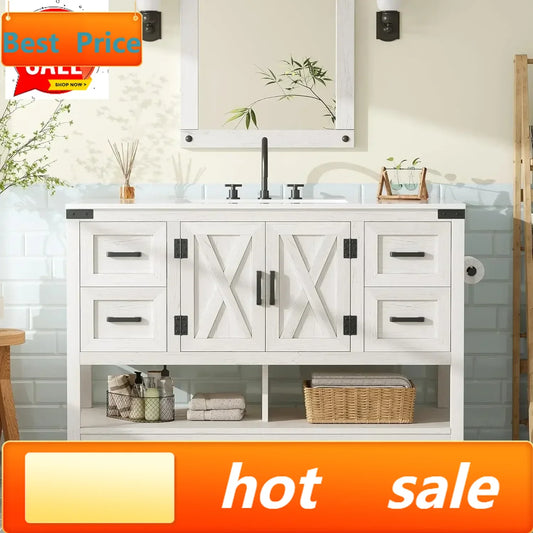 Farmhouse Freestanding Vanity With Porcelain Sink And Four Drawers