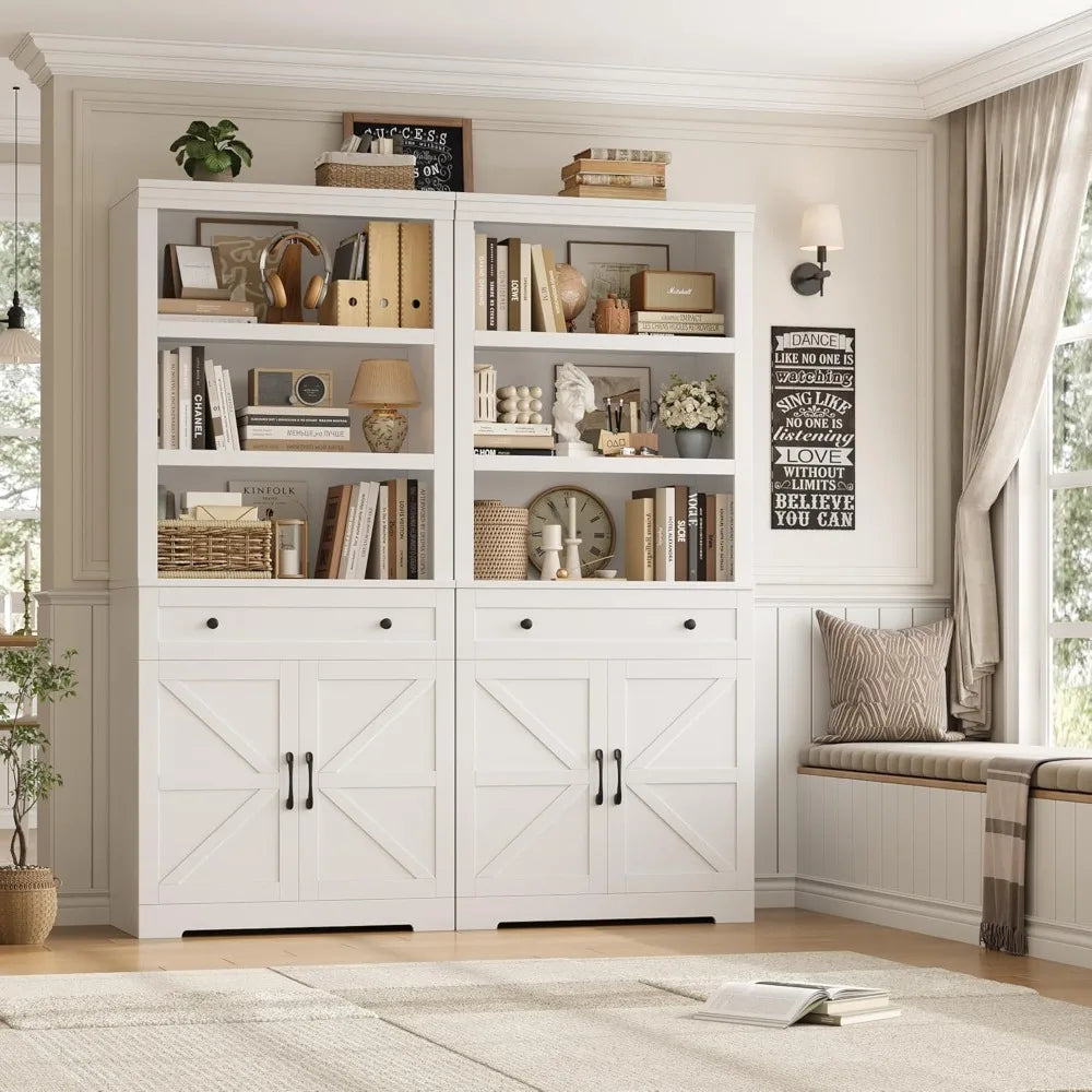 Farmhouse Wood Bookcase With Drawers And Doors Open Shelves