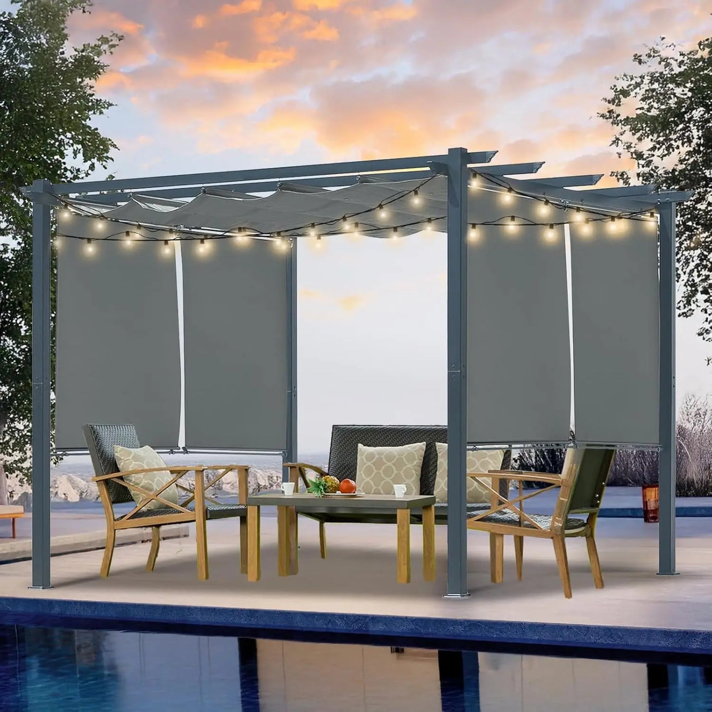 Outdoor Aluminum Pergola With Retractable Canopy And Side Shades